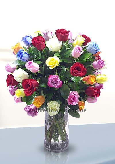 Colorful Roses In Cylinder Vase