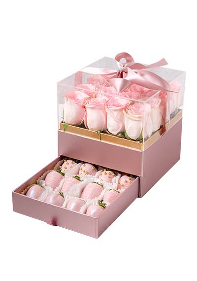 Pink roses and strawberry box