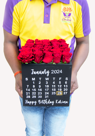 roses with calendar printing and custom message on box