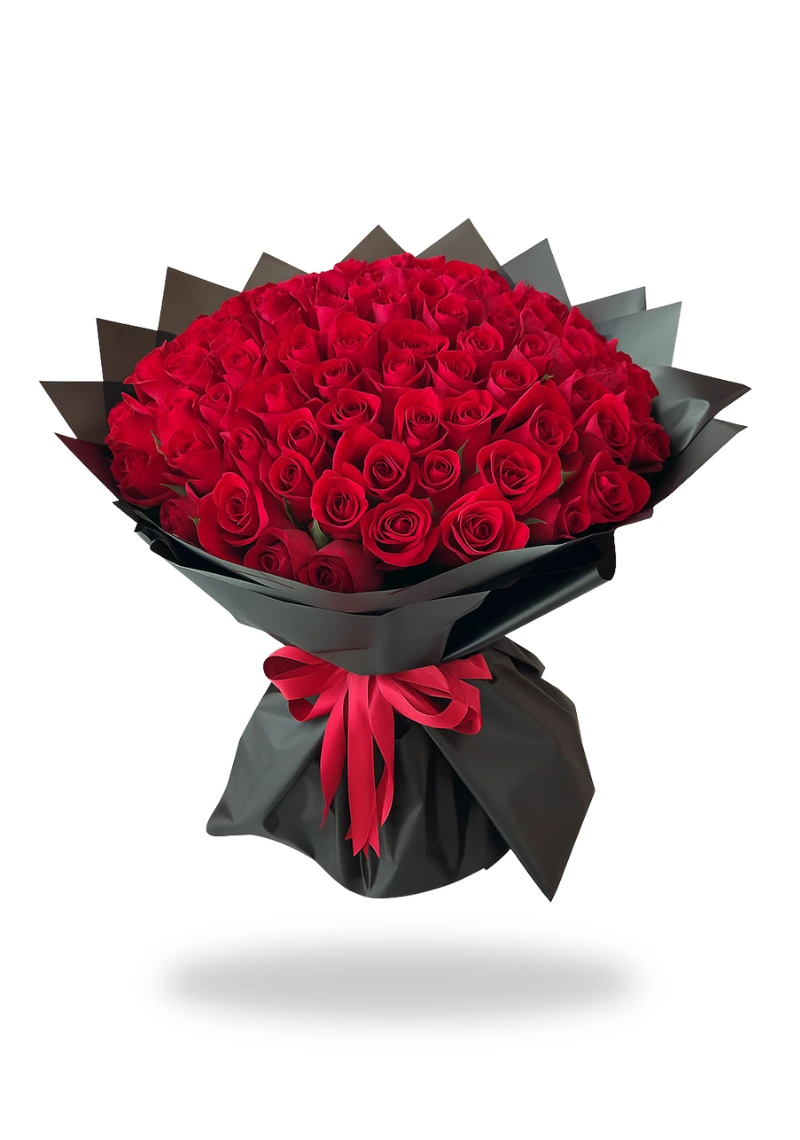 100 Red Roses Bouquet in Black Wrap