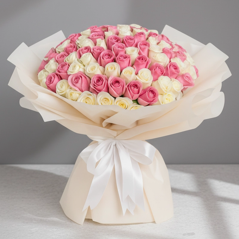 A luxurious bouquet of 100 mixed pink and white roses, wrapped in soft cream paper and tied with a white satin ribbon.