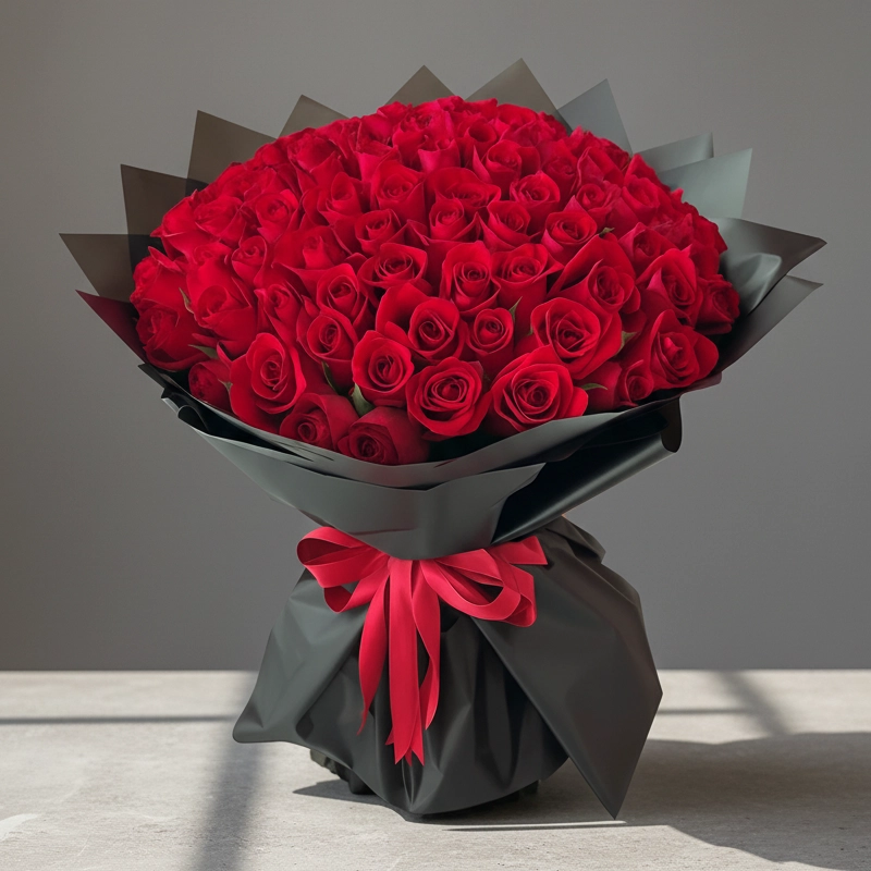 A striking bouquet of 100 deep red roses elegantly wrapped in luxurious black paper with a bright red ribbon.