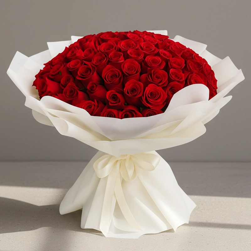A large, lush bouquet of 100 deep red roses, elegantly wrapped in white paper and tied with a ribbon, symbolizing love and passion.
