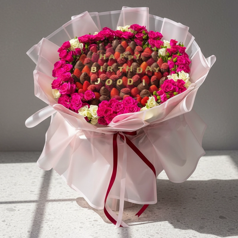 Luxurious One Love birthday bouquet with chocolate-dipped strawberries and fresh pink roses, wrapped in sheer pink with a birthday message in chocolate letters.