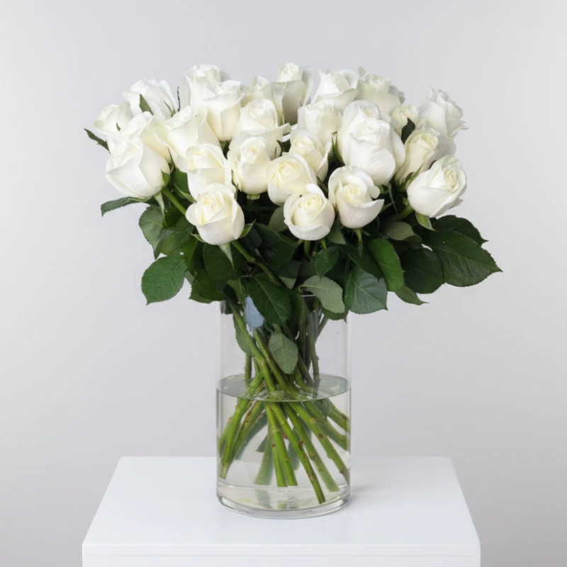 Elegant arrangement of 30 pure white roses with long green stems in a clear glass cylindrical vase. A classic and sophisticated sympathy flowers gift for the UAE.